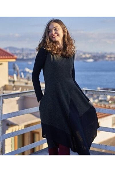 Bohemian Lacivert Kolsuz Asimetrik Elbise