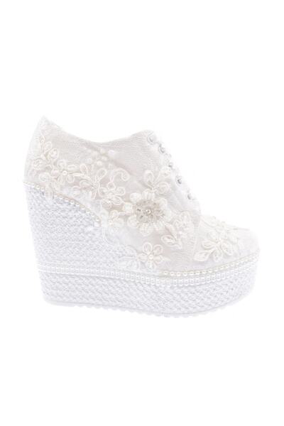DGN Women's Evening Shoes with Mega Thick Soles and Guipure Detail and Pearl ...