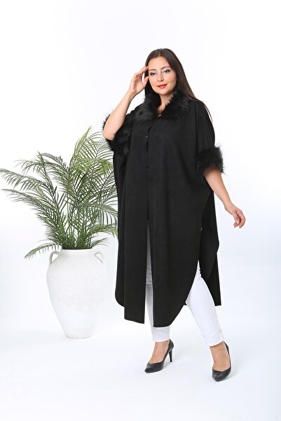 Genel Markalar Kadın Büyük Beden Siyah Suet Panço