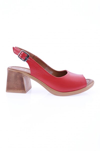 DGN Red Genuine Leather Thick Heeled Women's Sandals - 231153219