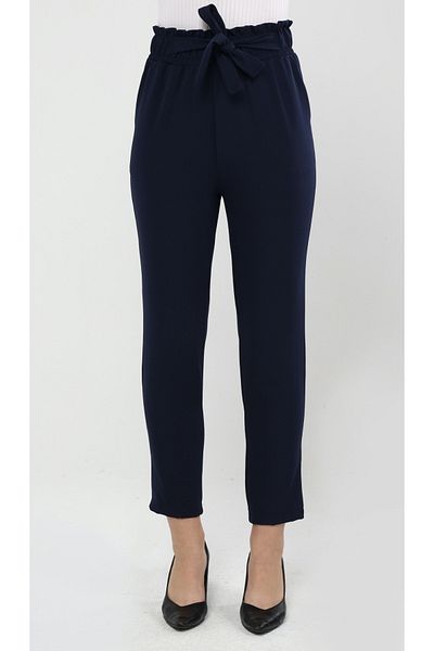 diaves Women's Seasonal Elastic Waist Atlas Fabric Carrot Cut Navy Blue Trousers