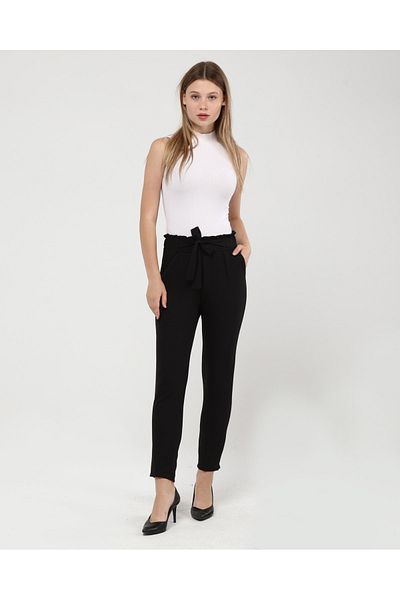 diaves Women's Seasonal Elastic Waist Atlas Fabric Carrot Cut Black Trousers
