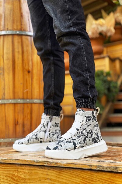 Mida Shoes Banded Men's High Sole Newspaper Patterned Sports Boots