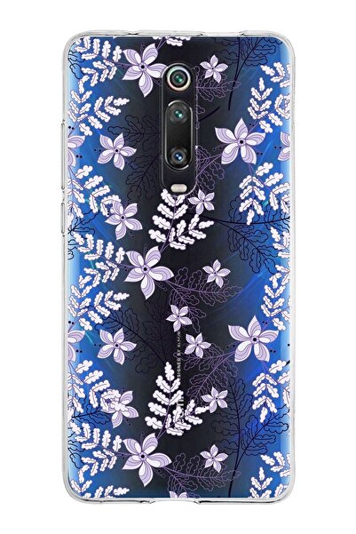 PrintiFy Xiaomi Mi 9t Pro Uyumlu Kapak Floral Lila Tasarımlı Şeffaf Silikon K...