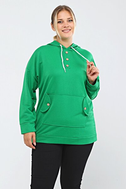 tarzımsüper Women's Large Size Hooded Kangaroo Pocket Lycra Button Detailed Long Hoodie Sweatshirt Green