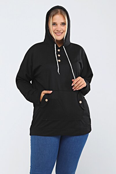 tarzımsüper Women's Large Size Hooded Kangaroo Pocket Lycra Button Detailed Long Hoodie Sweatshirt Black