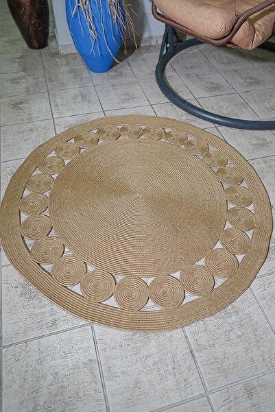 MaVaux Jüt Hasır Şık Çerçeve Detay Modern Yuvarlak Kilim Halı