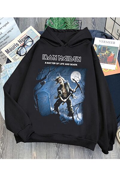 Freak Tshirt Black Color Iron Maiden Front Back Printed Unisex Wide Cut Rock-Metal Hoodie