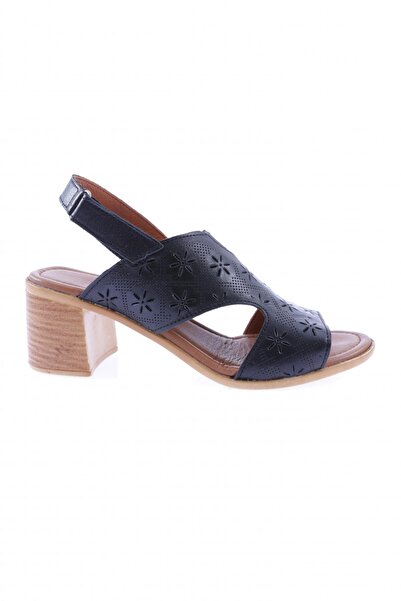 DGN Women's Laser Detailed Velcro Heeled Sandals Black Genuine Leather 44113244