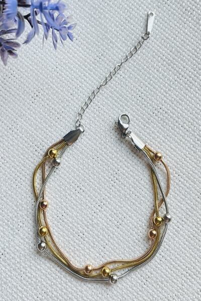 DEMOKAN Kadın Yüksek Kalite Karışık Renk 3 Lü Topçuk Yılan Zincir Çelik Bileklik