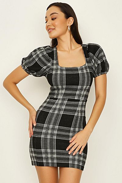 Select Moda Women's Black Patterned Square Collar Balloon Sleeve Dress