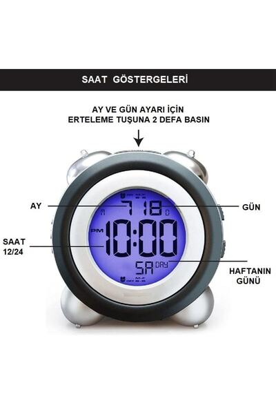 UpWay Led Işıklı Yüksek Zil Sesli Dijital Masa Saati Zaman Tarih Çift Alarm
