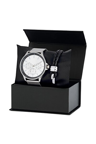 Forentina Gri Hasır Erkek Kol Saati Bileklik Kombin Set Erkek - Ps260700tr
