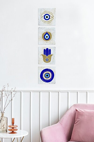 Natural Stone 4-Piece Table Evil Eye Beads Wall Decor Double Sided Adhesive 10x10cm Set of Four