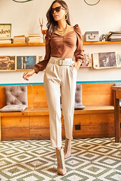 Olalook Women's Stone Waist Detailed Coated Belt Wool Effect Trousers PNT-19000183