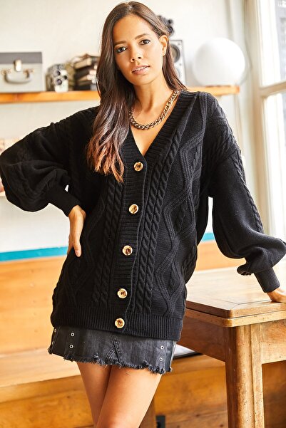 Olalook Women's Black 5 Button Hair Weave Oversize Long Cardigan HRK-19000169