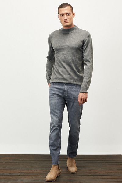 ALTINYILDIZ CLASSICS Herren-Strickpullover in Grau-Melange mit normaler Passform und halbem Rollkragenpullover aus Wolle