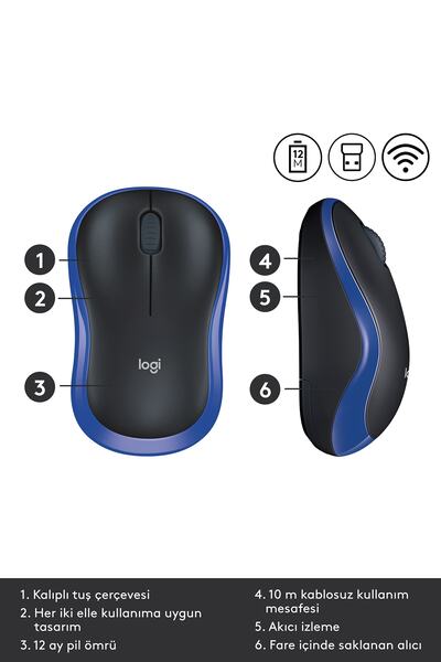 logitech M185 USB Alıcılı Kompakt Kablosuz Mouse, Mavi 910-002236