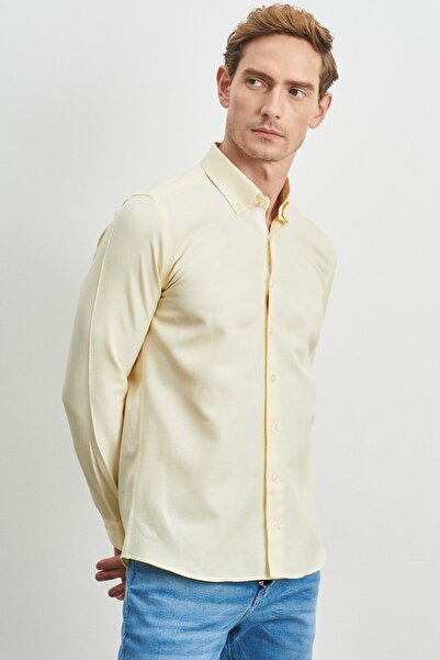 AC&Co / Altınyıldız Classics Men's Yellow Slim Fit Slim Fit Cotton Hidden Button Collar Long Sleeve Oxford Shirt