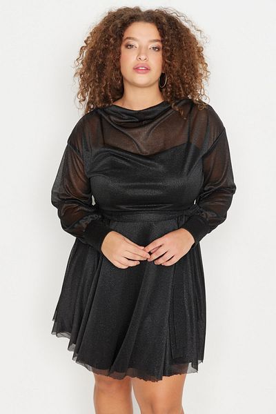 Trendyol Curve Černé třpytivé mini pletené šaty TBBAW23AH00149