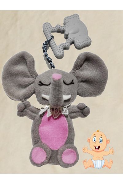 CEBECİ TİCARET Copy - Sleeping Companion Elephant with Teeth Scratching Apparatus Gray Cotton Fabric Size 15 Cm