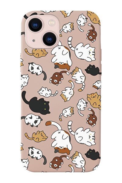 shoptocase Iphone 14 Uyumlu Kedicikler Tasarımlı Içi Süet Lansman Telefon Kılıfı