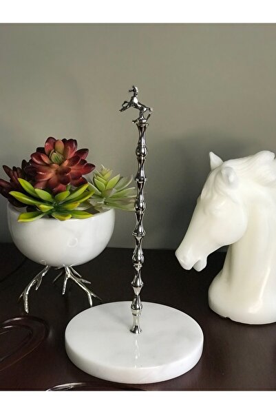 MIARIK DESIGN & DEKORASYON Beyaz Mermer At Detaylı Peçetelik Havluluk (gümüş)