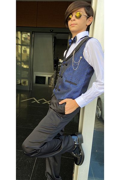 WENA KİDS Children's Vest Suit Shirt Set Patterned Navy Blue