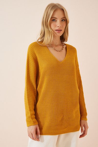 Happiness İstanbul Senfgelbes Thessaloniki-Strick-Sweatshirt mit V-Ausschnitt für Damen in Übergröße ZA00059