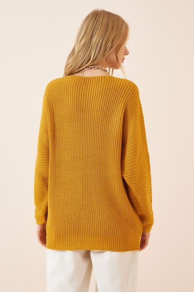 Happiness İstanbul Women Mustard V-Neck Thessaloniki Knit Oversize Knitwear Sweatshirt ZA00059
