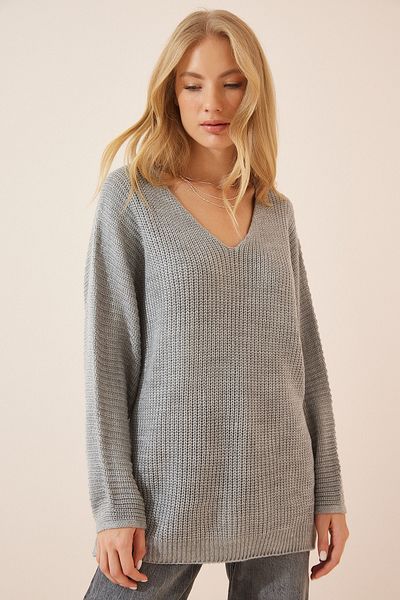 Happiness İstanbul Grauer Thessaloniki-Strickpullover mit V-Ausschnitt und Oversize-Strick für Damen ZA00059