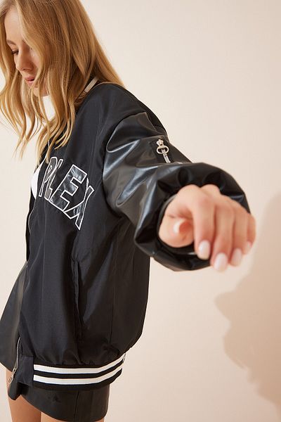 Happiness İstanbul Women's Black Printed College Bomber Coat RV00074