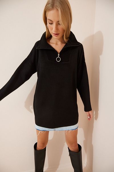 Happiness İstanbul Woman's Black Zippered Collar Oversize Knit Sweater KB00031