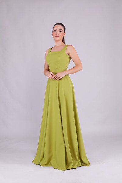 Bidoluelbise Kadın Kare Yaka Kolsuz Maxi Boy Abiye Elbise