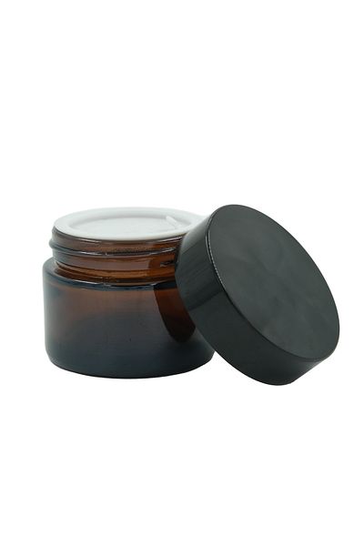 parlakcam 3 Pieces Amber Glass Cream Jar with Black Lids 50 Cc
