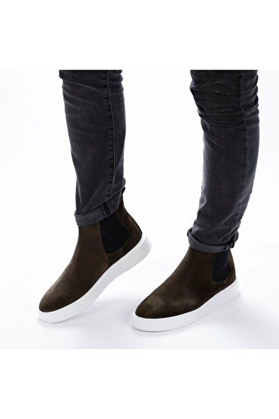 TwoEgoist Erkek Hakiki Süet Deri Haki Yeşil Beyaz Tabanlı Chelsea Bot