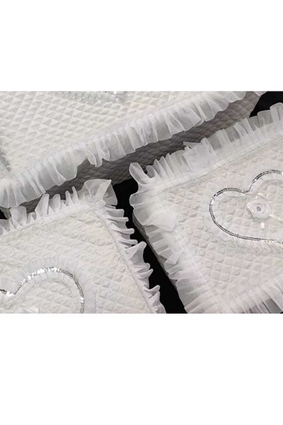 Çt Çeyizci Tekstil Dowry Satin Heart Embroidered White 3-Piece Bundle, Engagement Bride Groom Bag 3-Piece