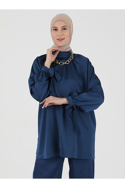 Refka Satin Tie Detailed Tunic & Trousers Double Set - Dark Navy - Woman