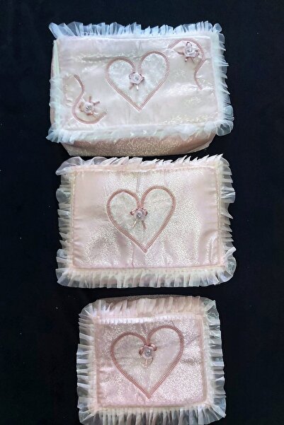 Çt Çeyizci Tekstil Çeyizlik Kalp Figürlü Desenli Kumaş Pudra 3lü Bohça, Nişan...