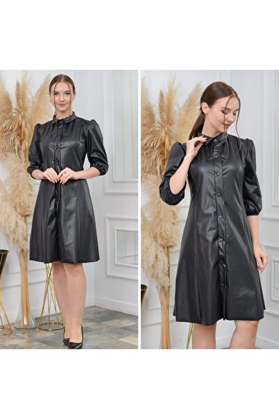 CİXAPLE Rochie din piele cu guler cămașă