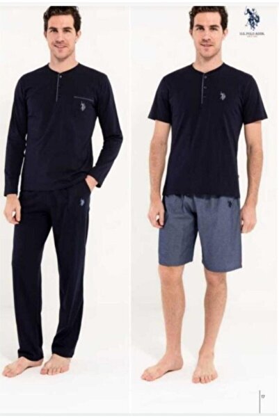 U.S. Polo Assn. Lacivert Damatlık Çeyize Uygun 5 Parça Robdöşambır Pijama Seti