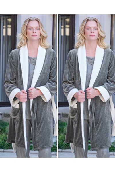 Bone Club 5511 Khaki Lamb Feather Velvet 3-Piece Maternity Pajamas Dressing Gown Tk