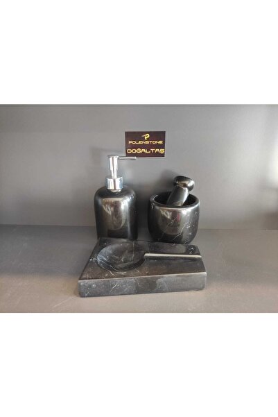 Polen Stone Toros Siyahı Mermer Sıvı Sabunluk ,havan, Kaşıklık 3,lü Set