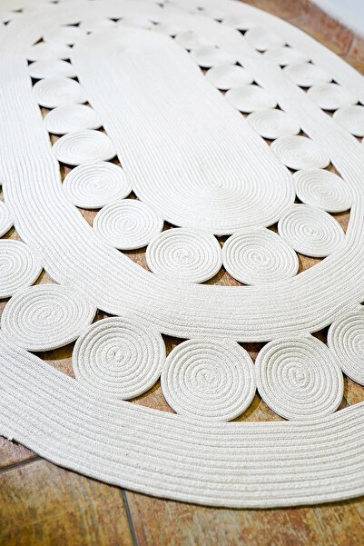 MaVaux Jüt Hasır Çerçeve Detaylı Beyaz Şık Dekoratif Kilim Oval Kilim Halı Yo...