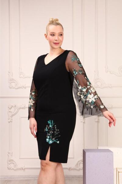 HaiModa Kadın Elbise Büyük Beden Kol Payet Tüllü