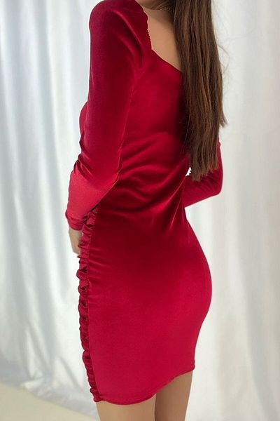 Secret Passion Lingerie Gathered Long Sleeve Red Velvet Fabric Mini Evening Dress 582257 Tkn-713