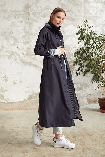 InStyle Lined Stripe Pattern Trench Coat - Navy Blue