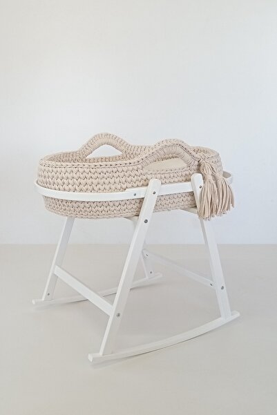 Babycom Beyaz Ahşap Çemberli Beşik Standı + Bej Örgü Sepet