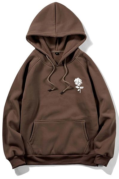 MODAGEN Unisex hnědá mikina s kapucí v růžové barvě na levé hrudi