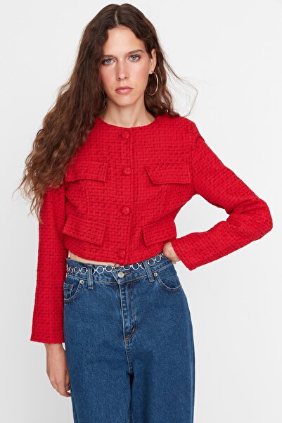 Trendyol Collection Kurze taillierte Jacke aus rotem Tweed - Limitierte Auflage TWOAW23CE00215